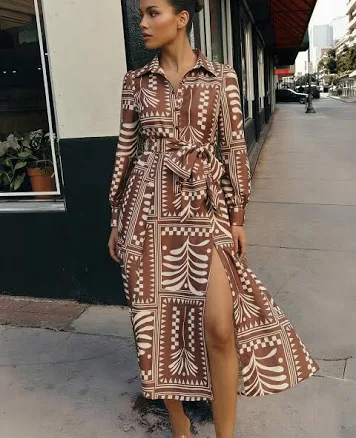 Long Sleeve Printed Tie Waist Maxi Shirt Dress