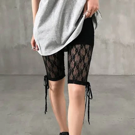 FRIFUL Women's Lace Trim Bow Tie High Waist Biker Shorts