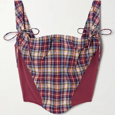 Vivienne Westwood Puppy Mesh-trimmed Checked Linen And Cotton-blend Bustier Top - Women - Red Tops - XS