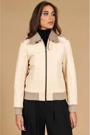Antea - Cream wrinkled leather bomber jacket sheraling collar