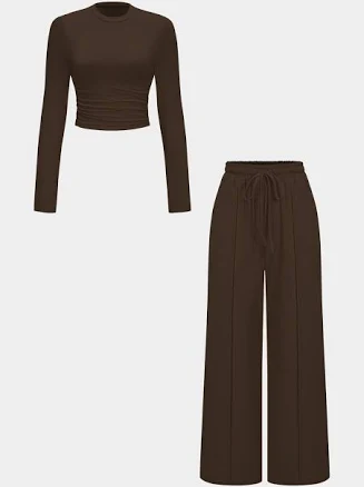 Micas Women's Ruched Long-Sleeve Top and Tie-Up High Waist Wide Leg