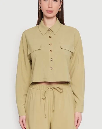 Womens Flap Pocket Cropped Shirt, Green, Size M - Rainbow Shops