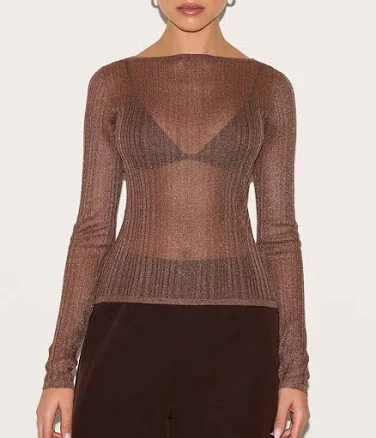 PrettyLittleThing Women's Sheer Knit Long Sleeve Boat Neck Top