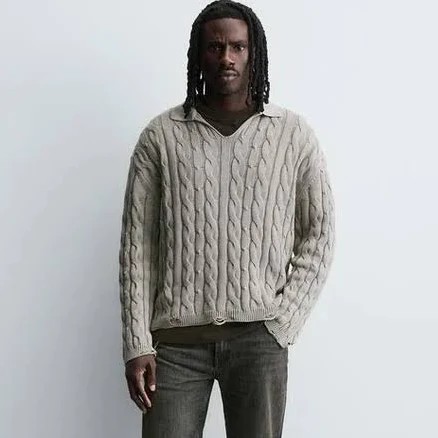 Zara Men's Distressed Braided Polo Shirt