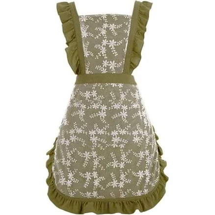 Vintage Pinafore Apron Dress for Women with Pockets Cute Floral Chef Aprons for Kitchen Cooking Baking Gardening, Green