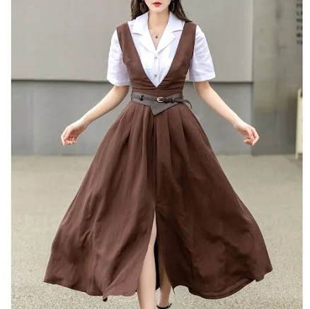 Women's Sleeveless Linen Pinafore Apron Dress