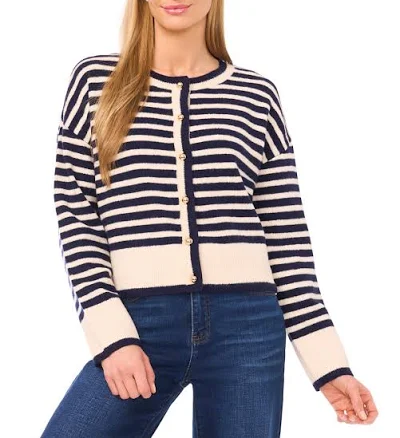 CeCe Women's Striped Long-Sleeve Cardigan Sweater