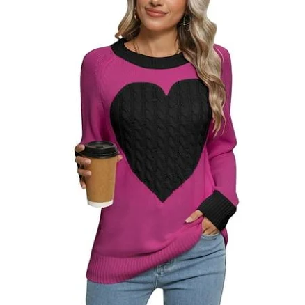 Cogild Women's Heart Pattern Long Sleeve Cable Knit Sweater