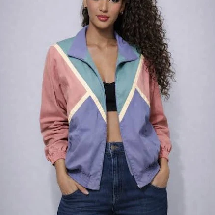 Retro Geometric 90s Color Block Zip-Up Jacket