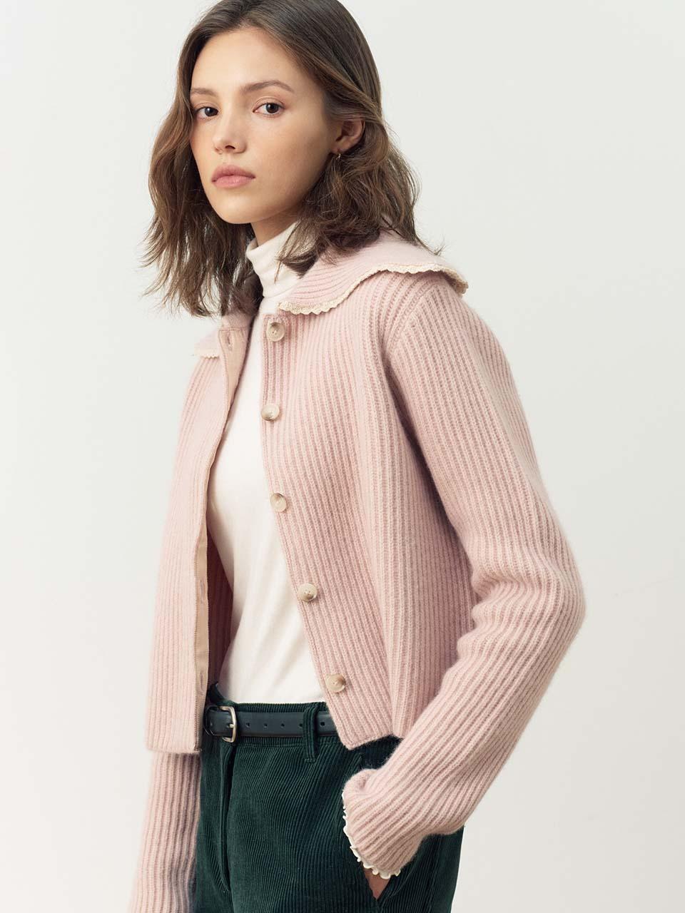 Halsnaes Big Collar Cardigan (Navy / Pink)