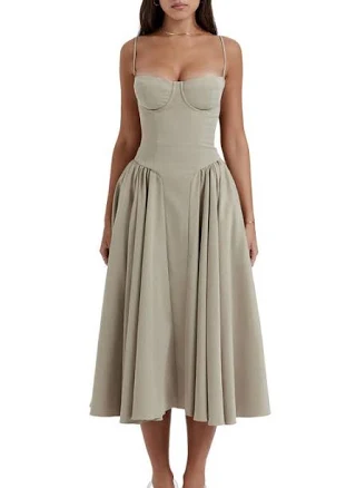 HOUSE OF CB Samaria Corset Fit & Flare Dress in Elm at Nordstrom, Size X-Large A