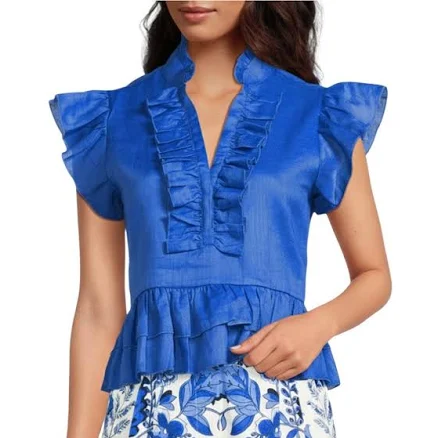 A Loves A Woven Split V-Neck Flutter Cap Sleeve Ruffle Collar Cropped