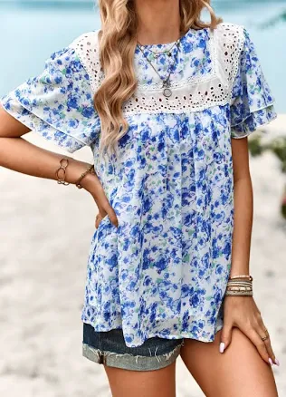 Contrast Lace Trim Printed Blouse