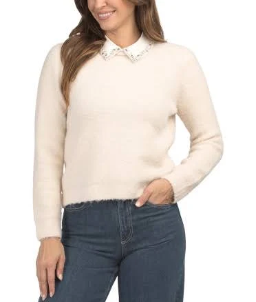 Boucle Knit Sweater with Detachable Collar