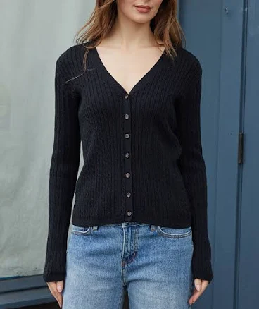 John Galt Women's Black V-Neck Cable Knit Cardigan