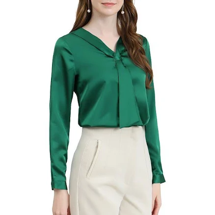 Women's Satin Tie Neck Long Sleeve Solid Color Elegant Office Work Shirt Top, Size: Medium, Dark Green