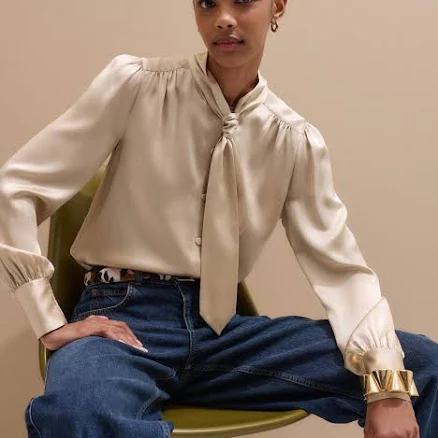 ME+EM Women's Relaxed-Fit Silk Satin Tie-Neck Blouse
