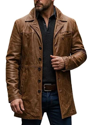 Men's Vintage Distressed Leather Trench Coat