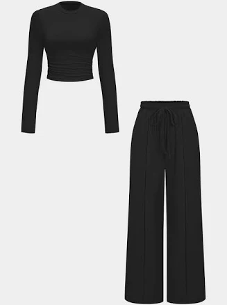 Micas Women's Ruched Long-Sleeve Top and Tie-Up High Waist Wide Leg