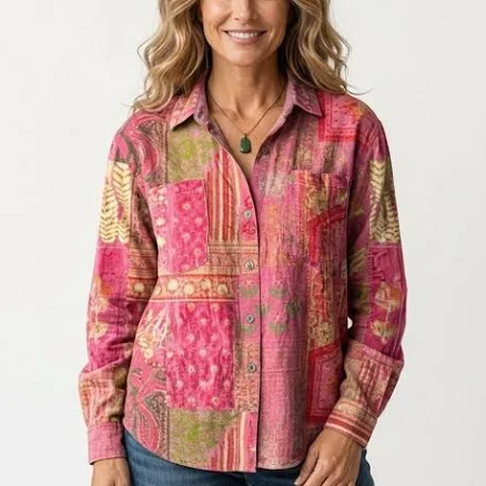 Women's Paisley Boho Shirt with Button Front - Pink M