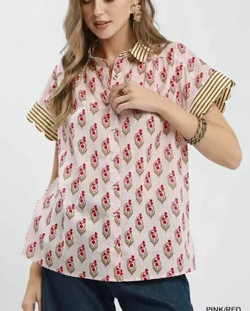 umgee Block Print Button-Front Shirt