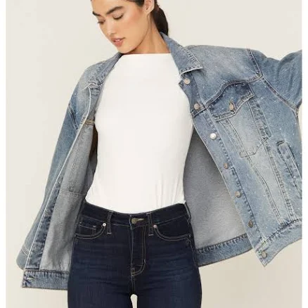 Daze Women's Beau Medium Wash Oversized Studded Denim Jacket