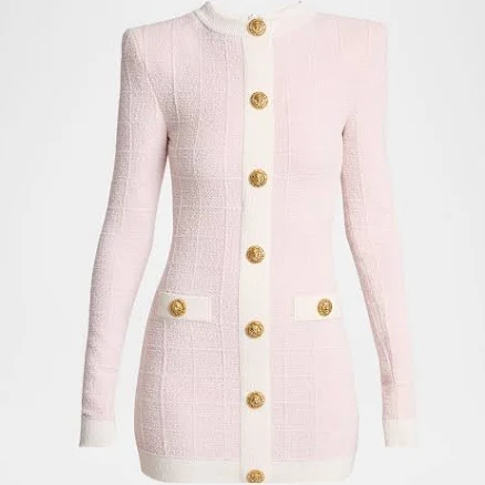 Balmain Women's Buttoned Boucle Knit Strong-Shoulder Mini Dress