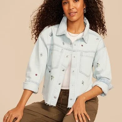 maurices Women's Floral Embroidered Cropped Denim Jacket