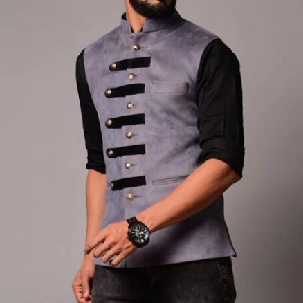 Men Grey Suede Leather Cross Breasted Half