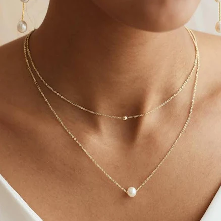 14K Gold Bead Choker Necklace with Dainty Pearl Layered