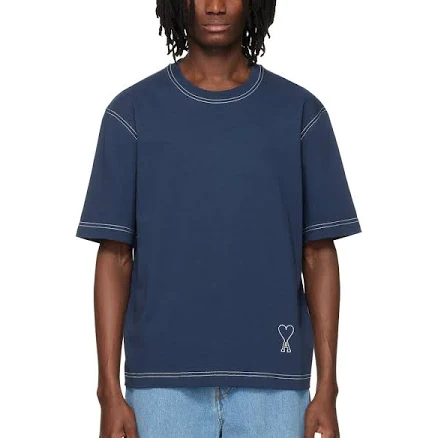Ami Paris Blue Boxy Fit Topstitched Ami De Coeur men T-Shirt