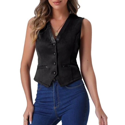 Vintage Suit Waistcoat for Women's V Neck Faux Suede Button Down Sleeveless Jacket Vest, Size: XS, Black