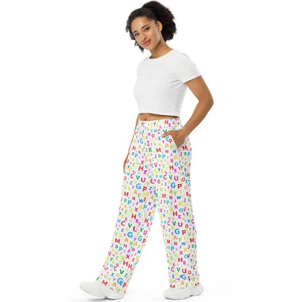 Alphabet ABCs Letters Printed Wide Leg Pants with Pockets