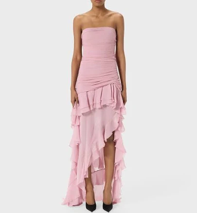 BLUMARINE Asymmetrical georgette and jersey dress with gathering and ruffles