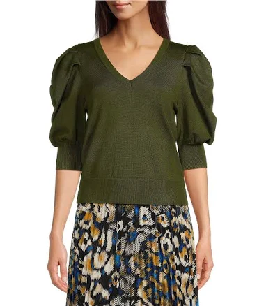 DKNY Women's Puff Sleeve V-Neck Sweater
