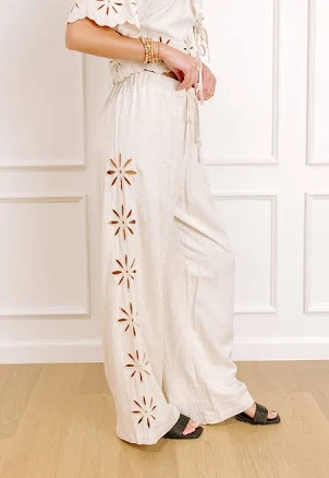 Sicily Stroll High Waist Embroidered Linen-Blend Pants