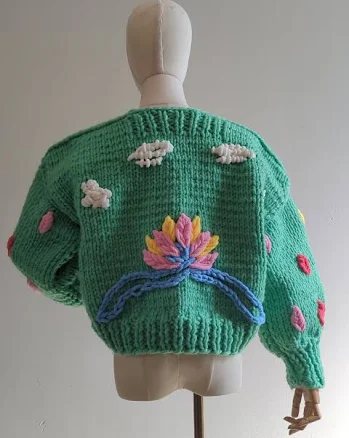 Hand-Knit Embroidered Merino Wool Cardigan