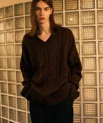 Cable V-Neck Hairy Knit [Brown]