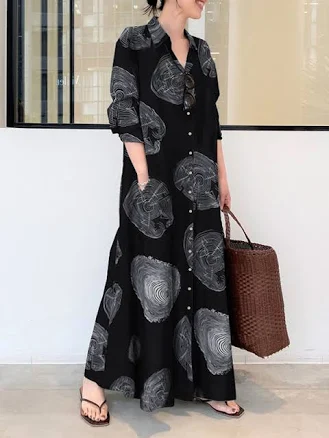 Long Sleeve Loose Printed Split-Joint Lapel Maxi Dress