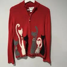 Coldwater Creek Full Zip Cardigan Womens XS Red Knit Cat Print Embellished Y2K