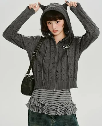 Y2K Cat Ear Pointelle Knit Zip-Up Cardigan