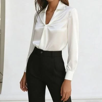Women's Satin Twist Front Long Sleeve Collared Blouse