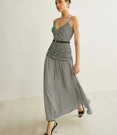 Shirred V-Neck Sleeveless Pleated Dress