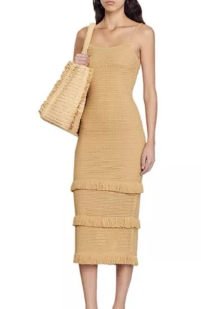 Sandro Paris Anvers Pointelle Knit Midi Dress Beige Eu 34 Xs Flared