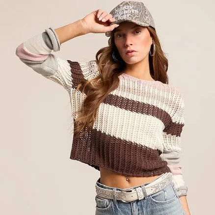 Gilded Intent Women's Cotton Color Block Sweater with Buckle
