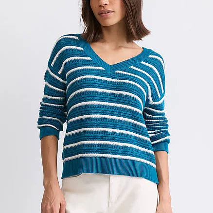 Loft Women's Striped Stitchy V-Neck Sweater