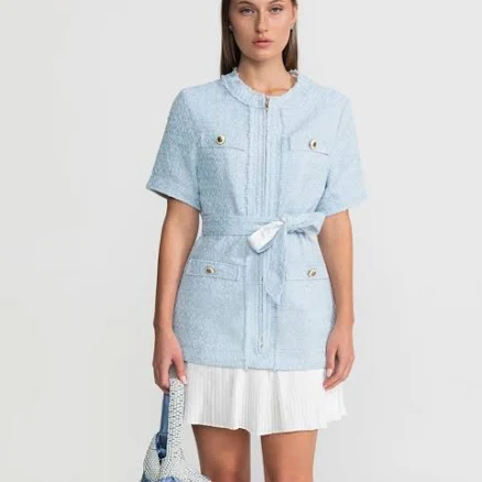 Belted Tweed Jacket Dress with Pleated Hem