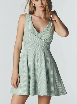 Sleeveless V Neck Seersucker Mini Dress by Maeve in Green, Size: Small at Anthropologie