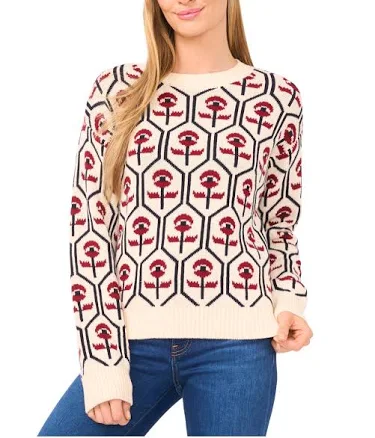 CeCe Women's Floral Jacquard Mock Neck Sweater