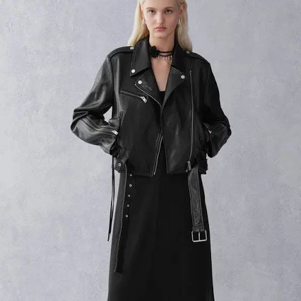 Olympe Slanted Sheepskin Leather Biker Jacket
